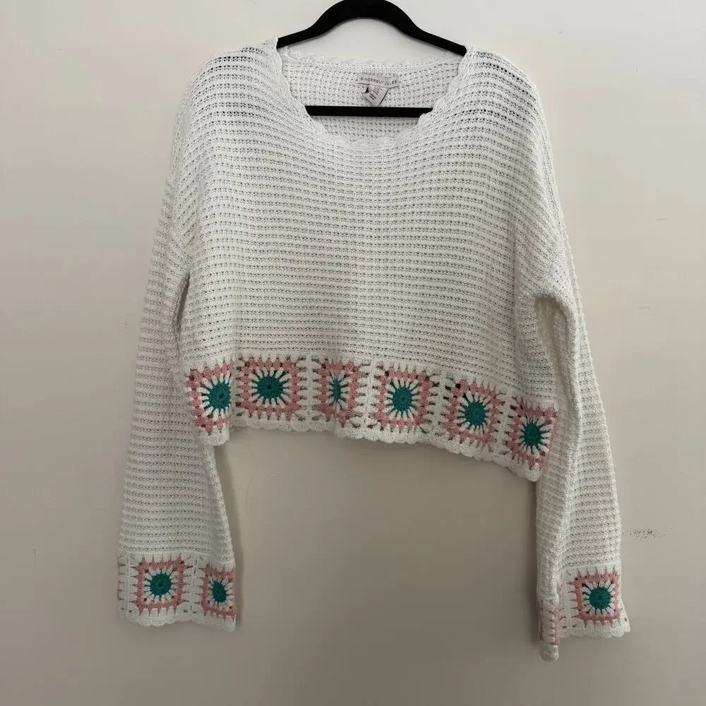 Sincerely Jules Crochet Loose Knit Bell Sleeve‎ Patchwork Sweater Sz XL